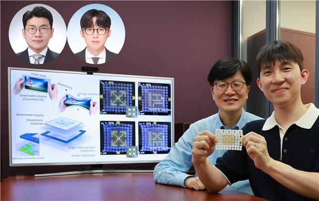 제안 연구의 개념도 (디스플레이 화면) 및 참여 연구진 사진 (왼쪽부터, 문한얼 교수, 김준호 박사, 유승협 교수, 김수본 박사) KAIST 제공