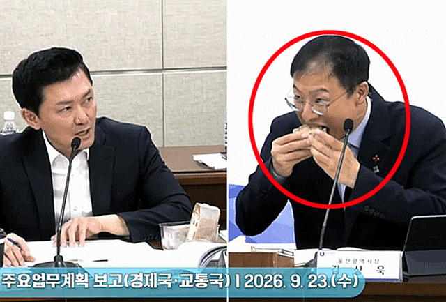 샌드위치 먹으며 보고받는 김상욱 울산시장 ‘갑론을박’